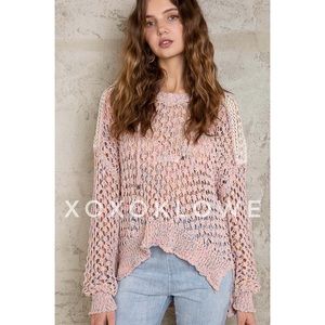 POL Pink Rainbow Crochet Hoodie Sweater | Lace Patch Boho Knit